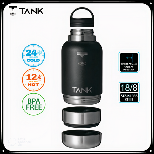 TANK 3-in-1 Flask (32 oz.) Food and Water Bottle w/ Detachable 2 Stainless Container (Midnight Black)